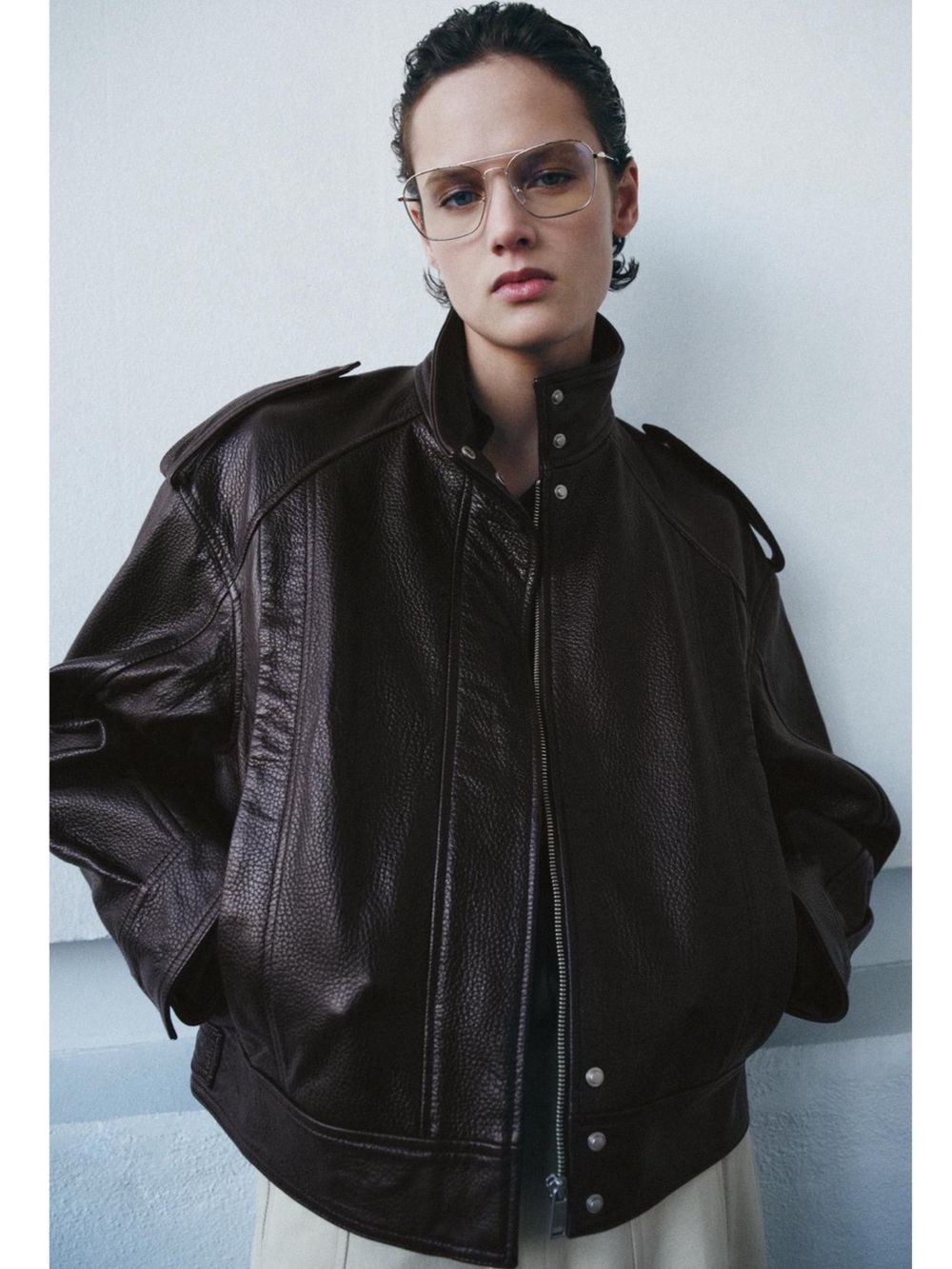 Zara maroon 100% LEATHER BOMBER JACKET ZW COLLECTION LIMITED EDITION